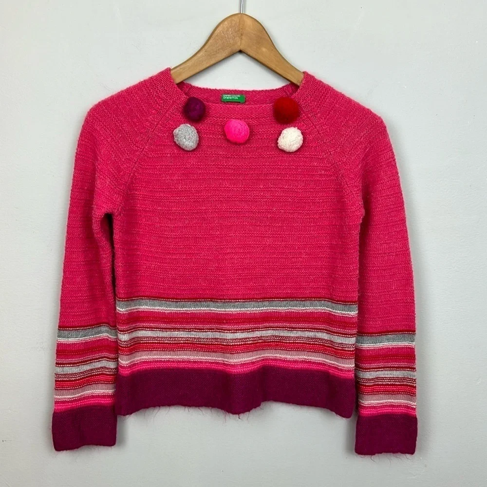 Vintage United Colors of Benetton Girls Wool/Mohair Blend Pom Pom Sweater Sz XL
